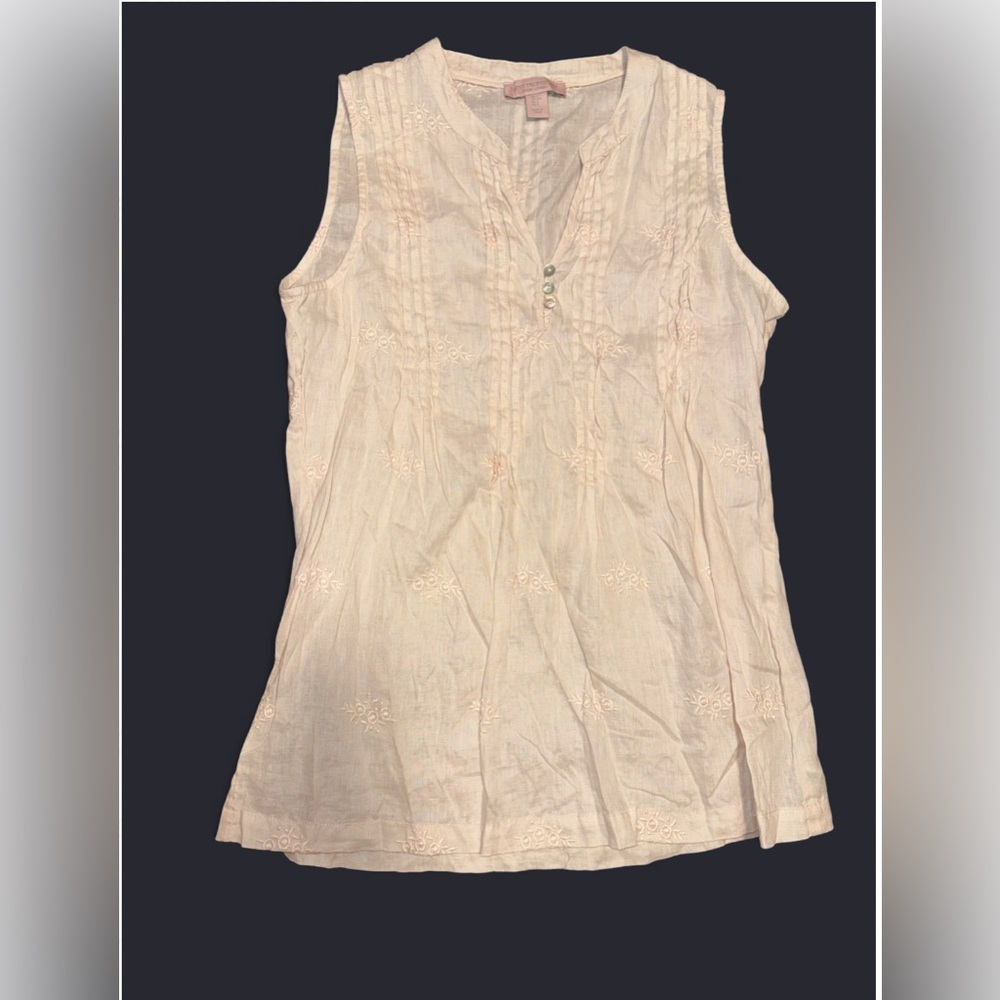 Fairy Pink Linen Size S Low V Neck Embroidered Floral Flare Tank Top Cottagecore